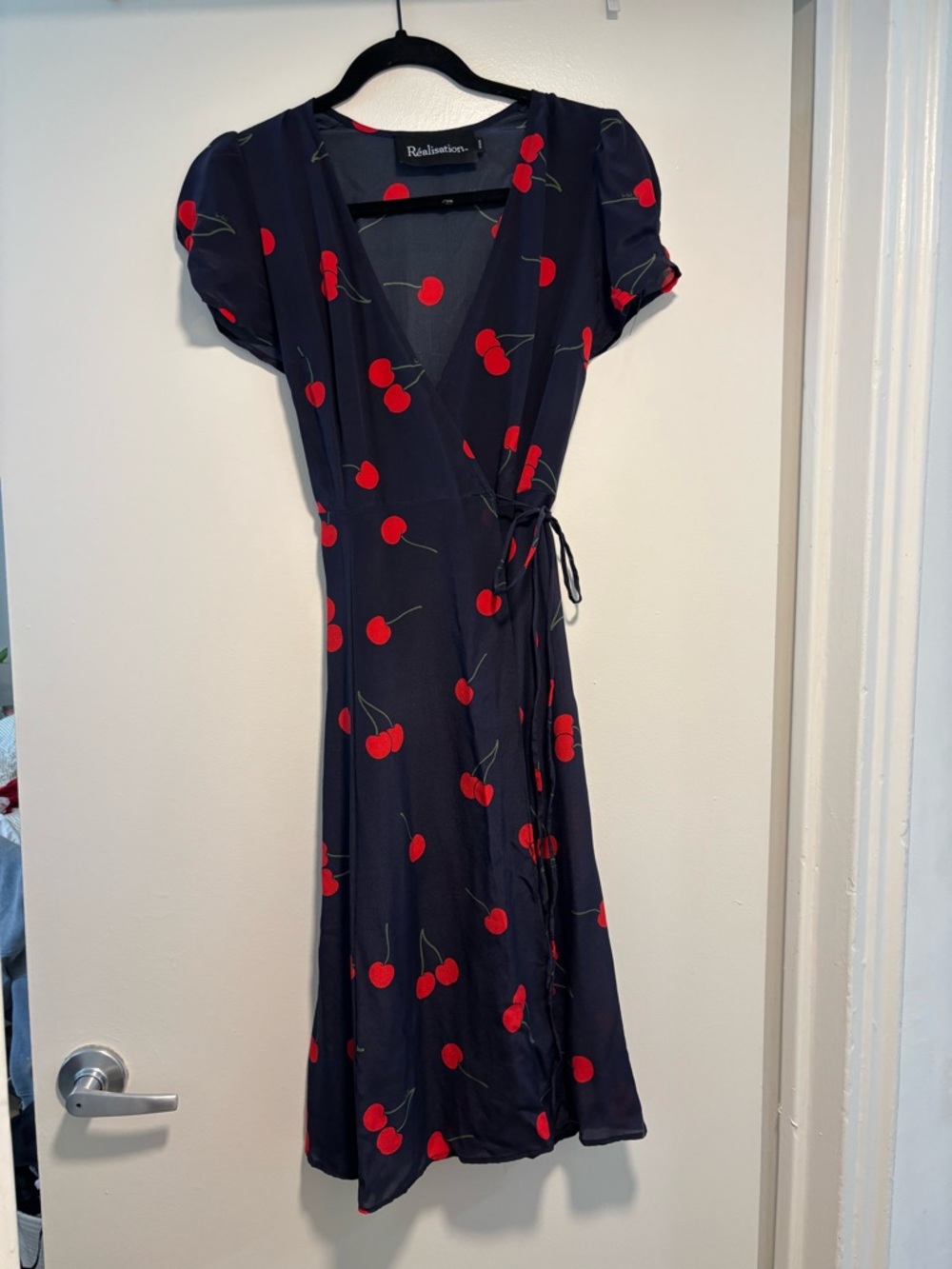 Realisation Par Navy Wrap Midi Dress with Red Cherry Print